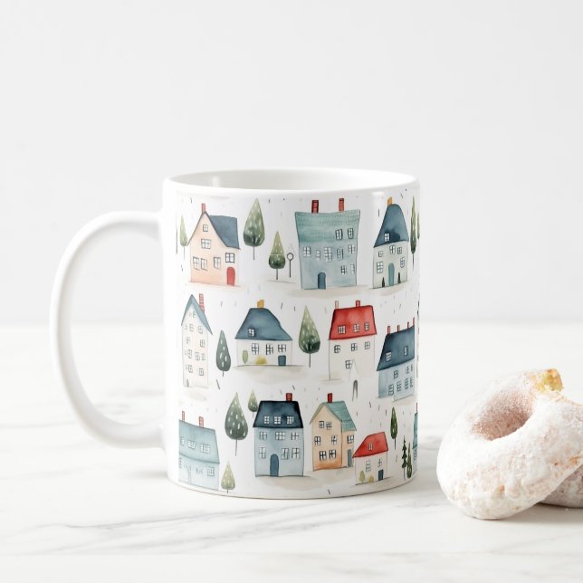 Colourful Watercolor Houses Housewarming  Coffee Mug (With Donut)