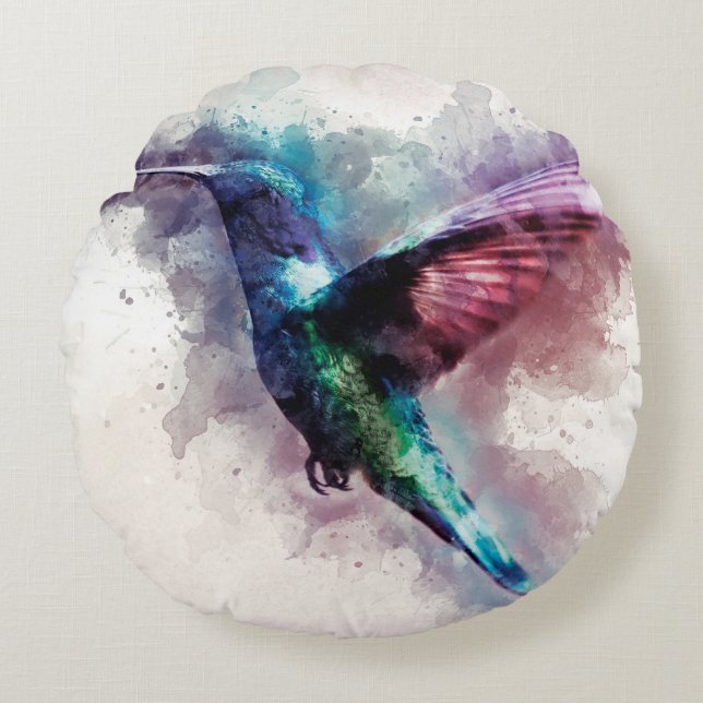 Colourful Watercolor Hummingbird Round Cushion (Front)
