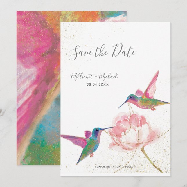 Colourful Watercolor Hummingbirds Save the Date (Front/Back)
