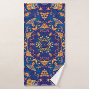 Colourful watercolor kaleidoscope mandala. Orienta Bath Towel