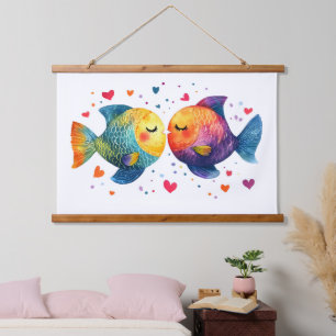 Colourful Watercolor Kissing Fish Romantic Anniver Hanging Tapestry