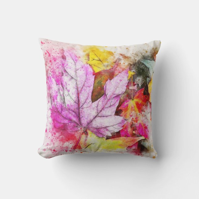 Colourful Watercolor Leaves Cushion (Front)