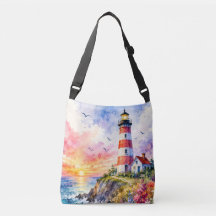 Colourful Watercolor Lighthouse by the Sea