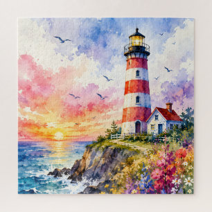 Colourful Watercolor Lighthouse by the Sea Jigsaw Puzzle