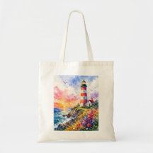 Colourful Watercolor Lighthouse by the Sea