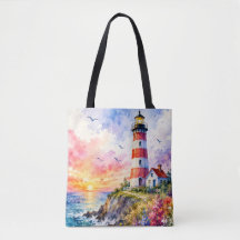 Colourful Watercolor Lighthouse by the Sea