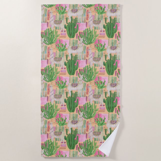 Colourful Watercolor Llama Pattern Beach Towel (Front)