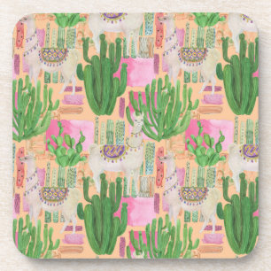 Colourful Watercolor Llama Pattern Coaster