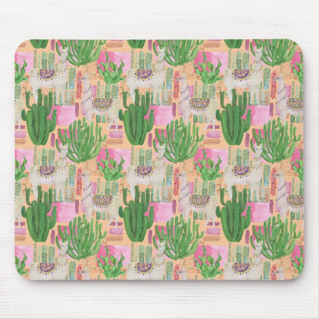 Colourful Watercolor Llama Pattern Mouse Mat (Front)