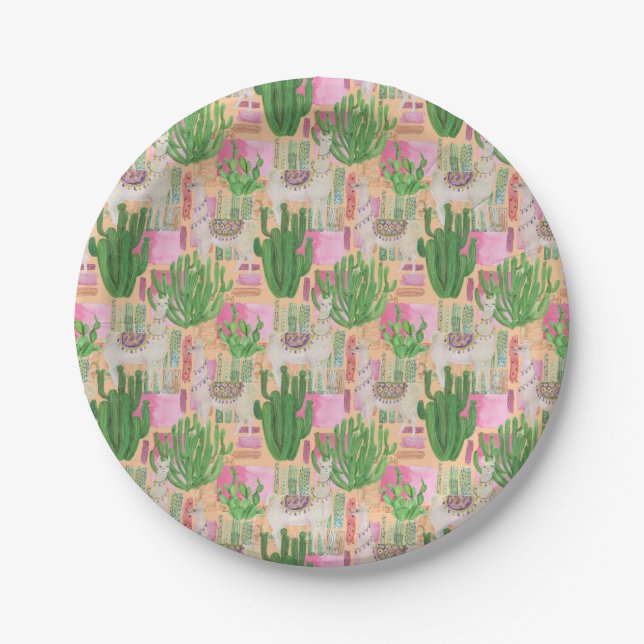 Colourful Watercolor Llama Pattern Paper Plate (Front)
