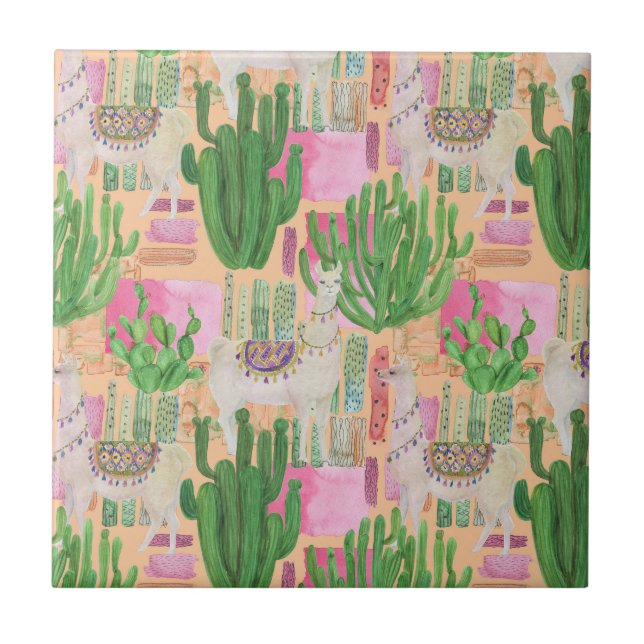 Colourful Watercolor Llama Pattern Tile (Front)