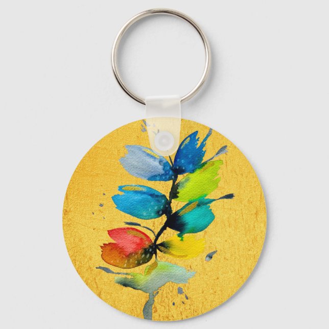 Colourful watercolor loose abstract floral key ring (Front)