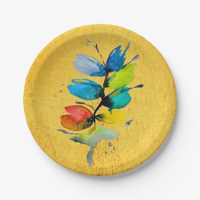 Colourful watercolor loose abstract floral paper plate (Front)