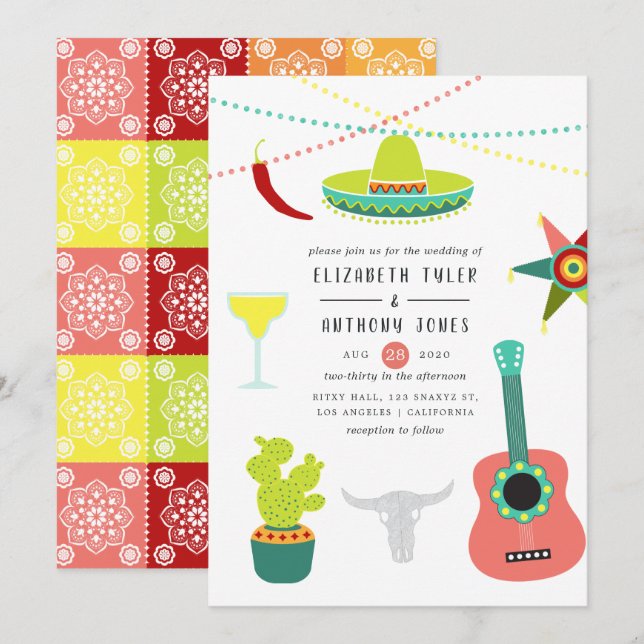 Colourful Watercolor Mexican Fiesta Wedding Invitation (Front/Back)