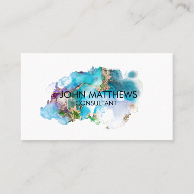 Colourful Watercolor Modern Gold Splatter Business Card (Front)