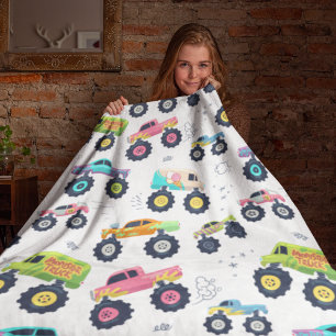 Colourful Watercolor Monster Truck Pattern Fleece Blanket