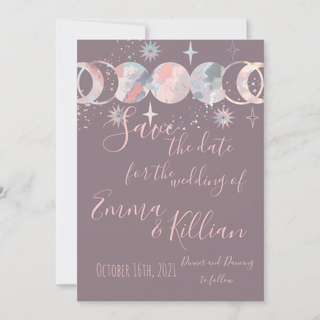 Colourful Watercolor Moons Save The Date (Front)