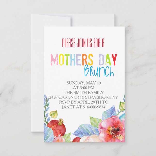 Colourful watercolor mothers day brunch invites (Front)