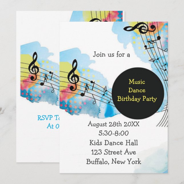 Colourful Watercolor Music Dance Birthday Party Invitation (Front/Back)