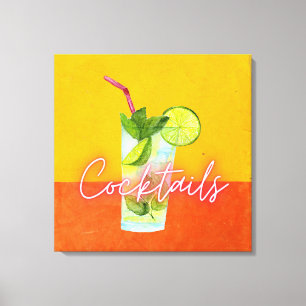 Colourful Watercolor & Neon Cocktails Bar Art Canvas Print