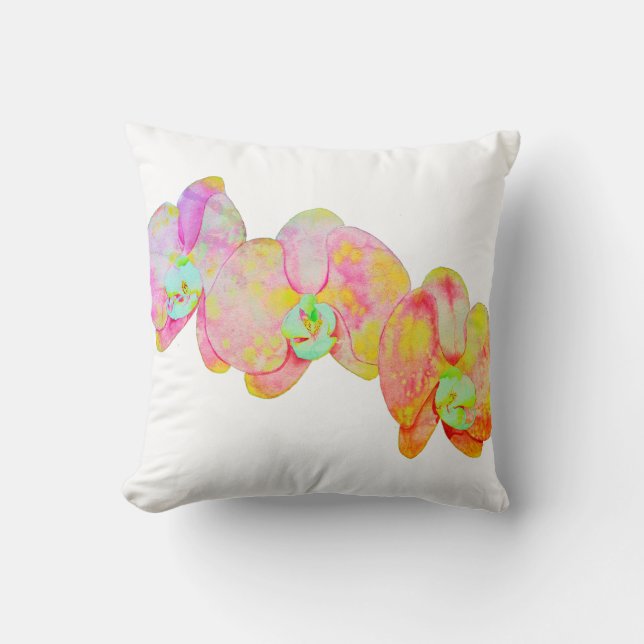 Colourful watercolor orchid painting  cushion (Front)