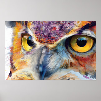 Colourful watercolor owl closeup poster
