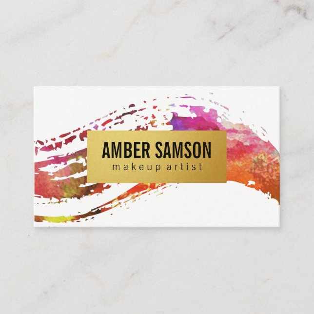 Colourful Watercolor Paint Brushed Gold Faux Label Business Card (Front)