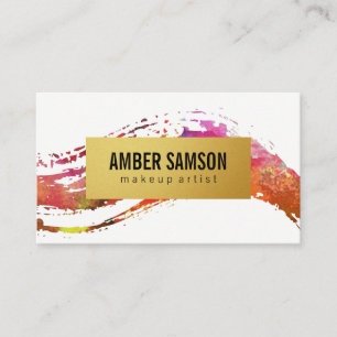 Colourful Watercolor Paint Brushed Gold Faux Label Business Card