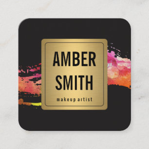 Colourful Watercolor Paint Brushed Gold Faux Label Square Business Card