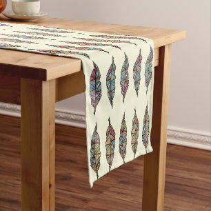 Colourful Watercolor Painted Geometric Feathers Short Table Runner