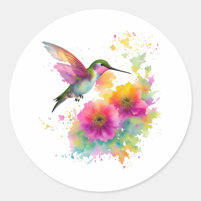 Colourful watercolor painting of a hummingbird classic round sticker (Front)
