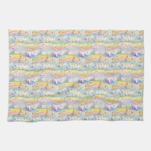 Colourful Watercolor Painting of Flowers, Trees Tea Towel