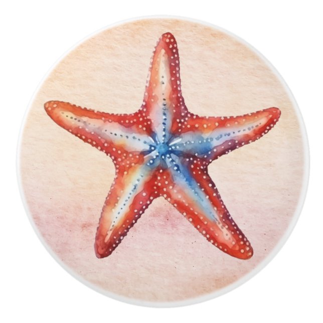 Colourful watercolor painting starfish red blue  ceramic knob (Front)
