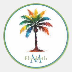 Colourful Watercolor Palm Tree Monogram Classic Round Sticker