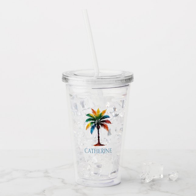Colourful Watercolor Palm Tree Personalised Acrylic Tumbler (Front Ice)