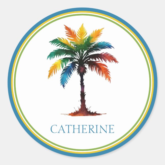 Colourful Watercolor Palm Tree Personalised Classic Round Sticker (Front)