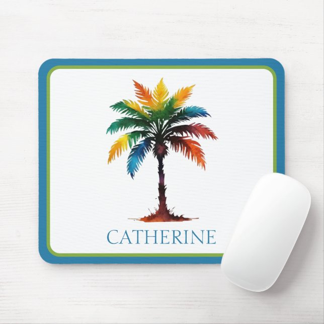 Colourful Watercolor Palm Tree Personalised Mouse Mat (With Mouse)