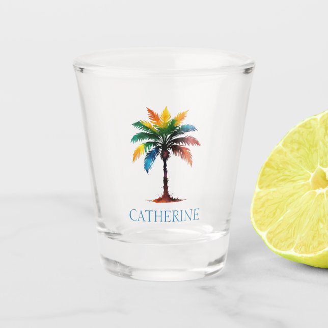 Colourful Watercolor Palm Tree Personalised Shot Glass (Front)