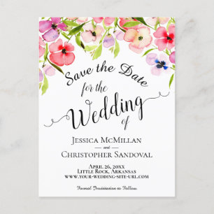 Colourful Watercolor Pansies Wedding Save the Date Announcement Postcard