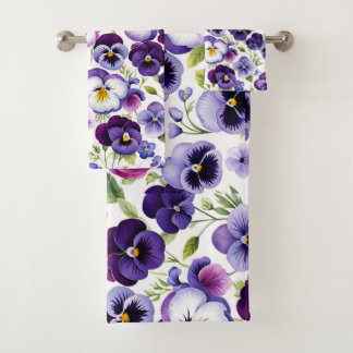 Colourful Watercolor Pansy Flowers White Backgroun Bath Towel Set