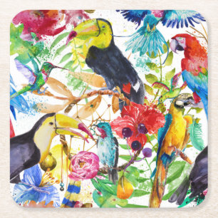 Colourful Watercolor Parrots 2 Square Paper Coaster