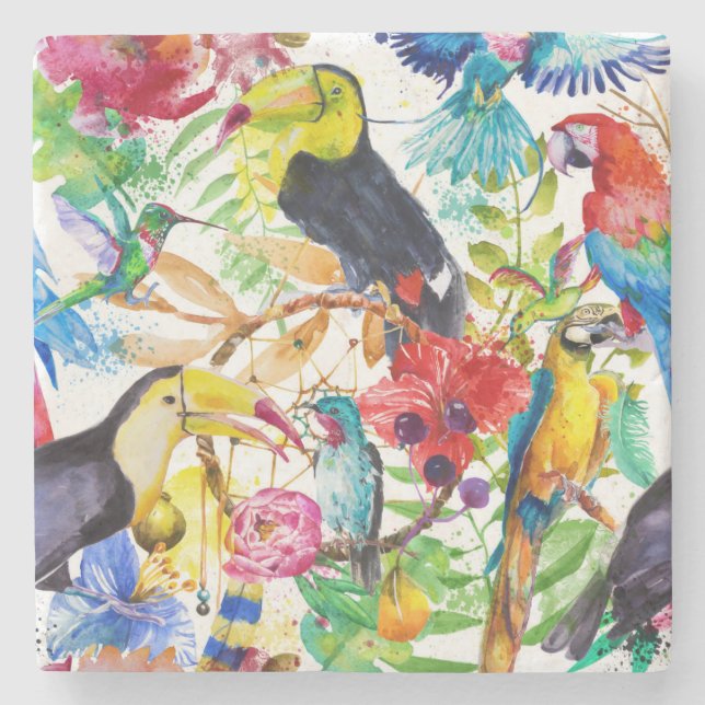 Colourful Watercolor Parrots 2 Stone Coaster (Front)