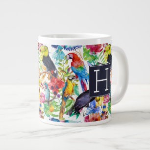 Colourful Watercolor Parrots   Add Your Initial Large Coffee Mug