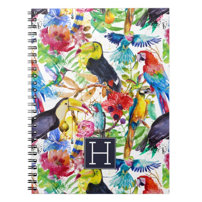 Colourful Watercolor Parrots | Add Your Initial Notebook (Front)