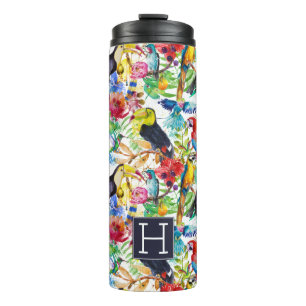 Colourful Watercolor Parrots Add Your Initial Thermal Tumbler