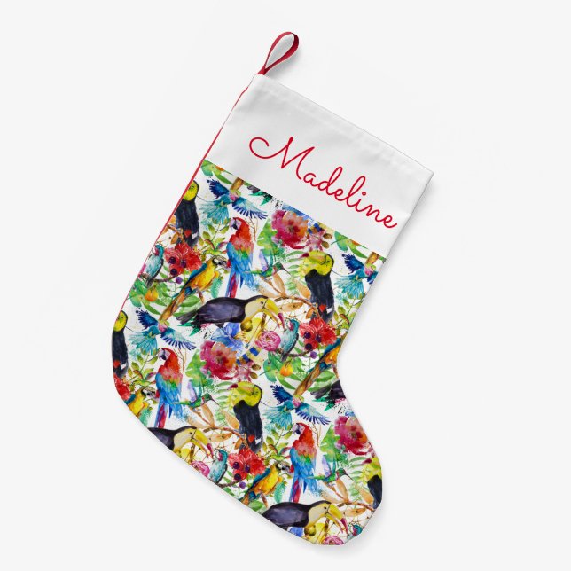 Colourful Watercolor Parrots | Add Your Name Small Christmas Stocking (Front (Hanging))