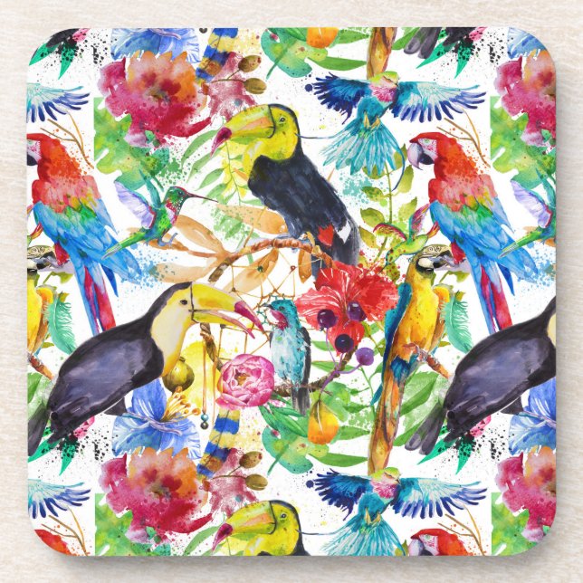 Colourful Watercolor Parrots Coaster (Front)