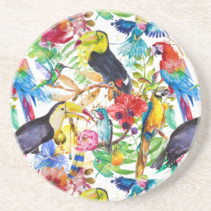 Colourful Watercolor Parrots Coaster