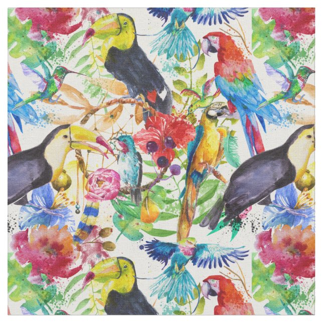 Colourful Watercolor Parrots Fabric (Close Up)