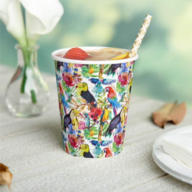 Colourful Watercolor Parrots Paper Cups (Insitu)